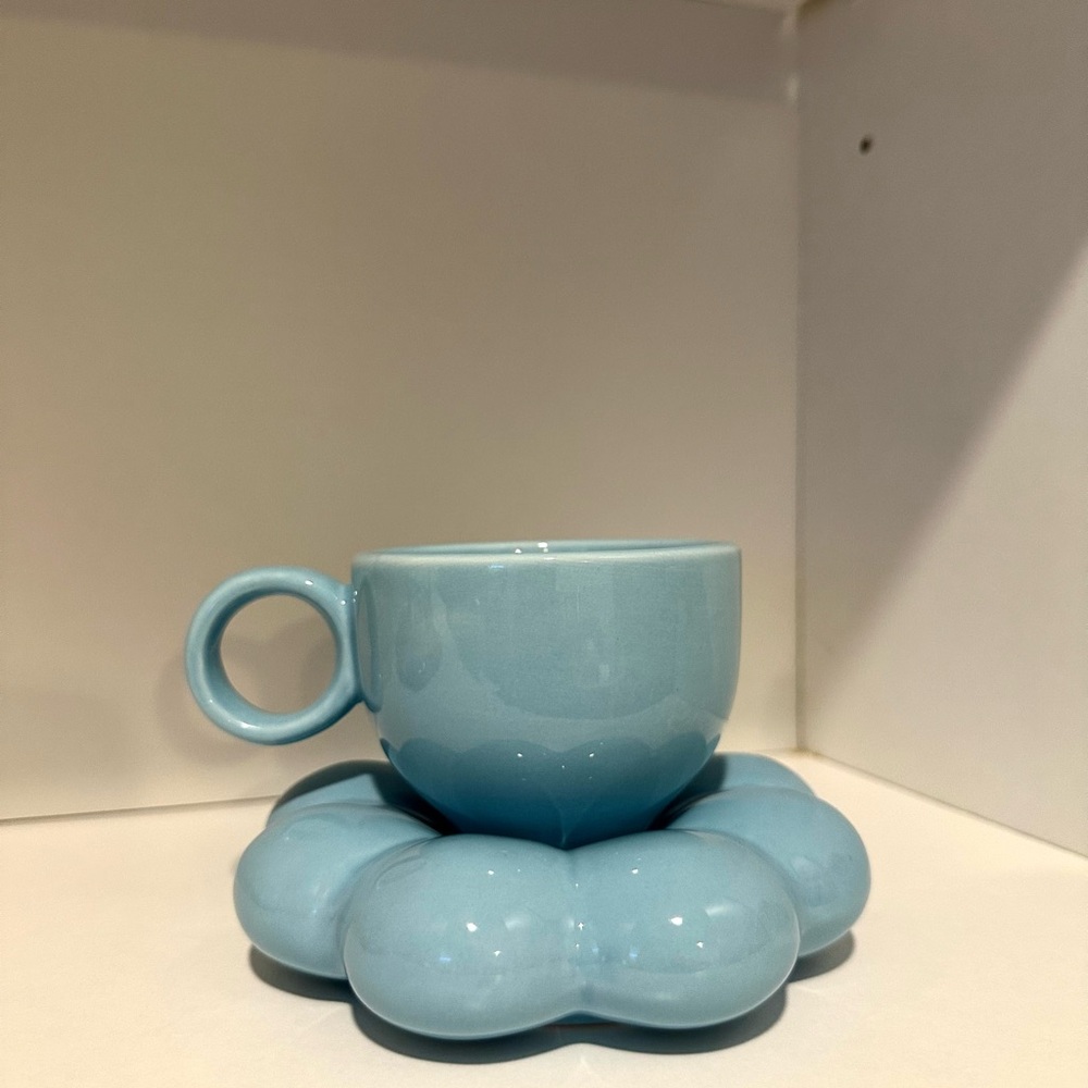 Blue Ceramic Cup with Flower Saucer